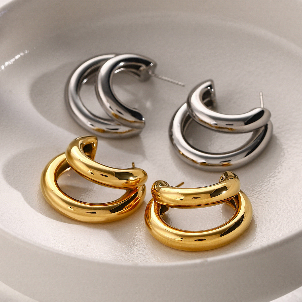 18K Gold Unique Double Hoop Huggie Earrings
