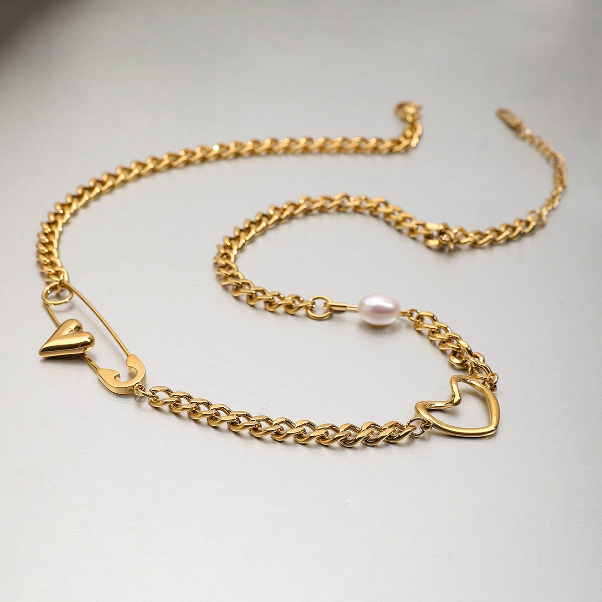 18K Gold Heart Safety Pin Pearl Cuban Curb Chain Necklace