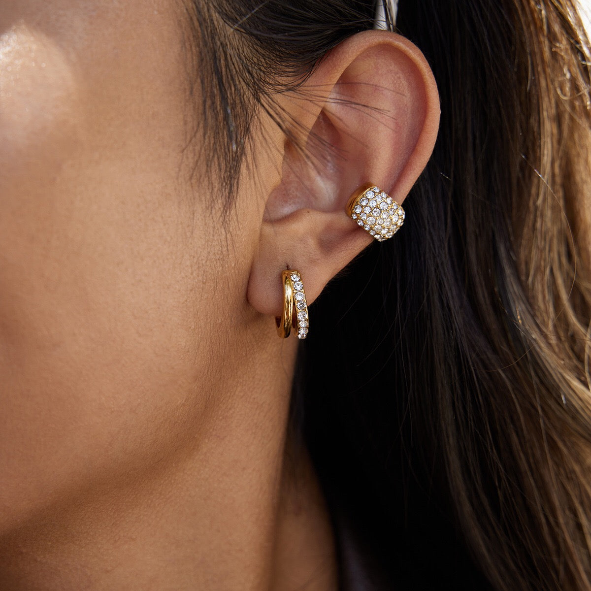 18K Gold Diamond Fever Huggie Earrings Ear Cuff Set