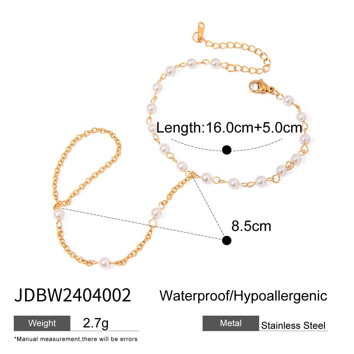 18K Gold Waterproof Elegant Pearl Hand Chain Bracelet