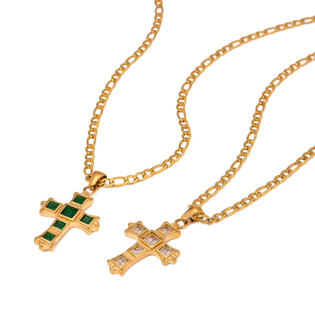 18K Gold Gemstone Cross Pendant Figaro Chain Statement Necklace