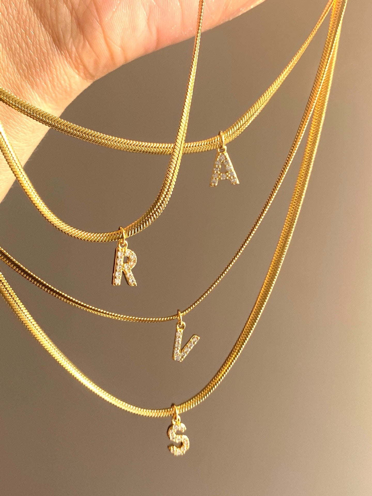 18K Gold Minimalist Glam Herringbone Chain Initial Dainty Necklace