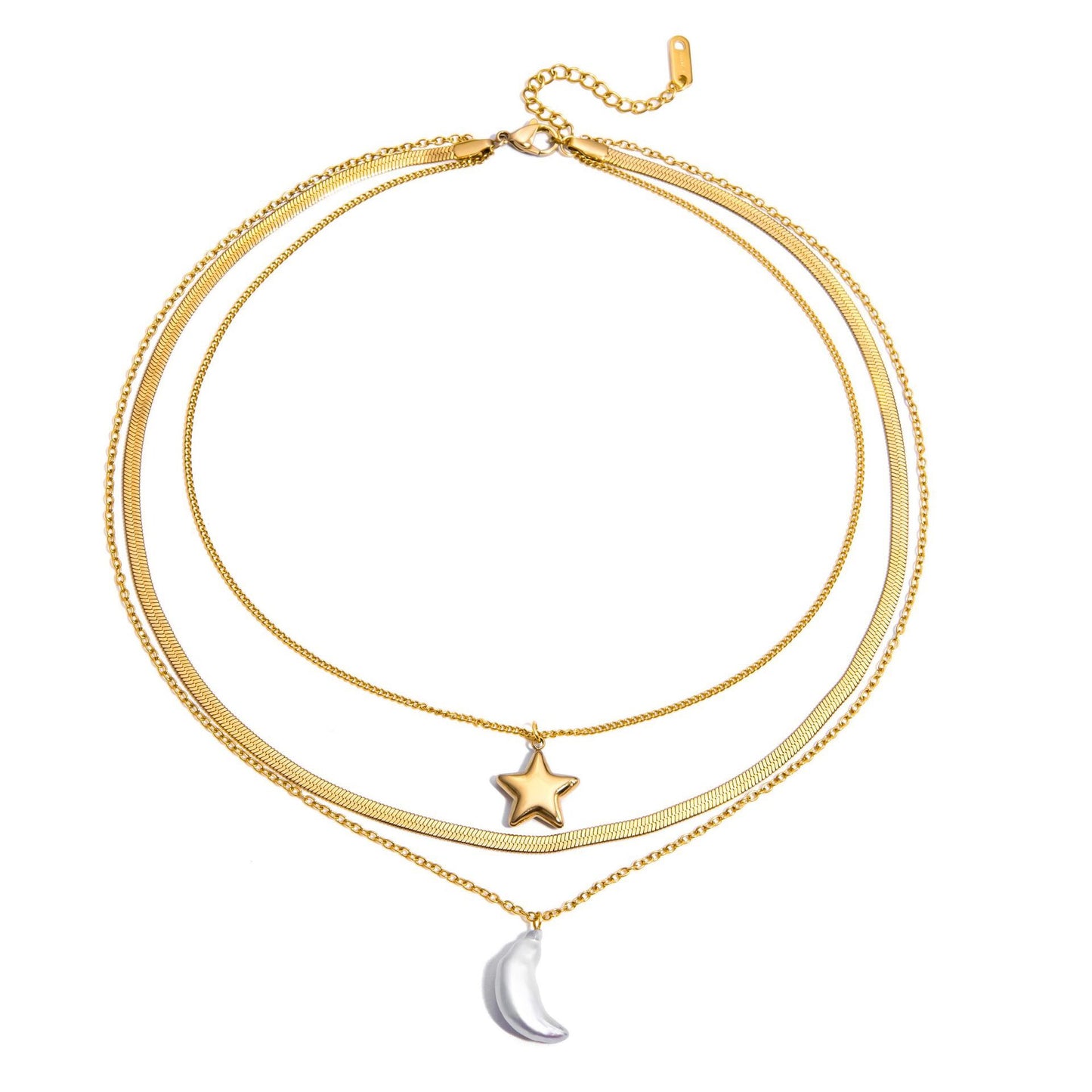 18K Gold Celestial Dream Star Pendant Pearl Moon Herringbone Chain Layered Necklace Set