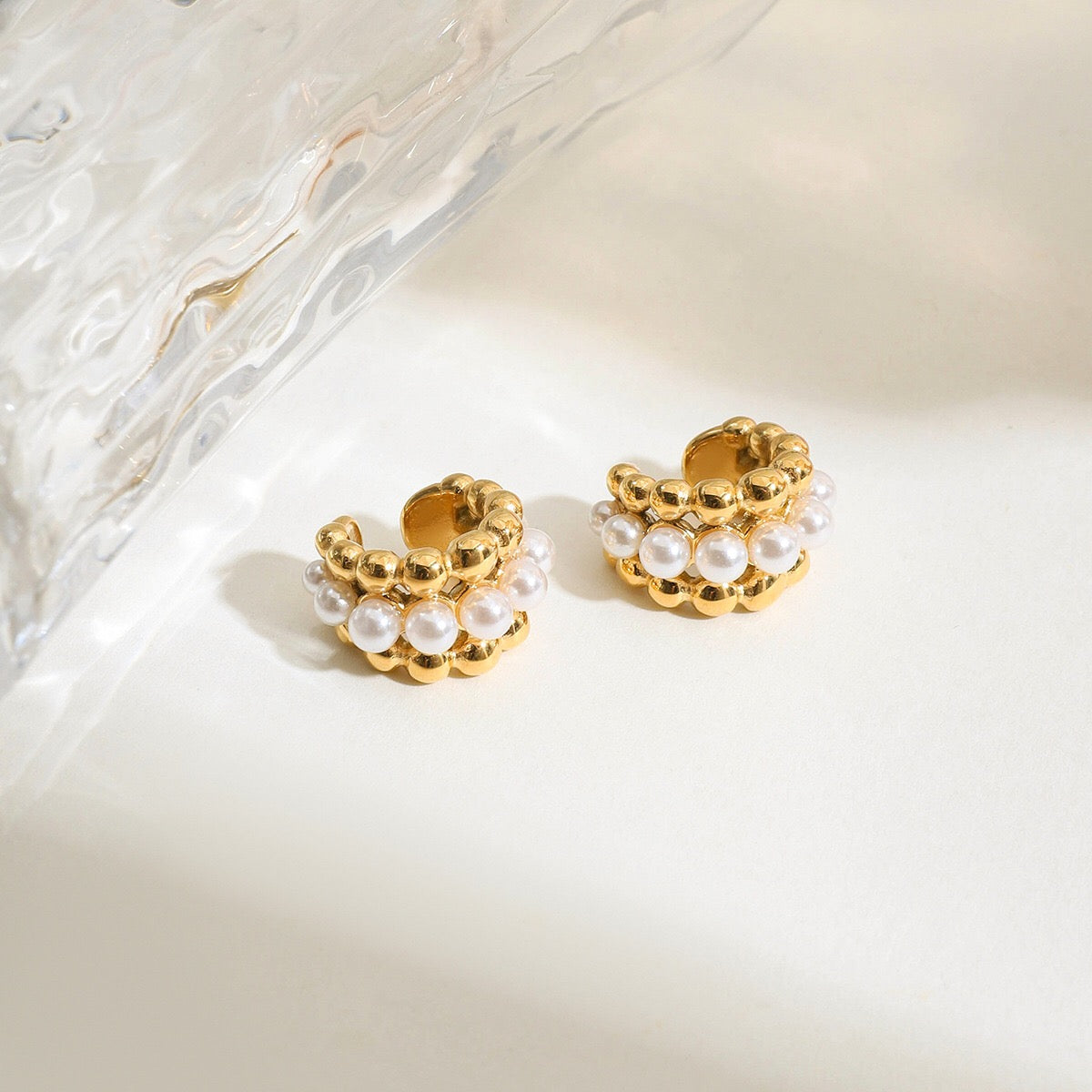 18K Gold Royal Pearl Huggie Earrings Ear Cuffs Set