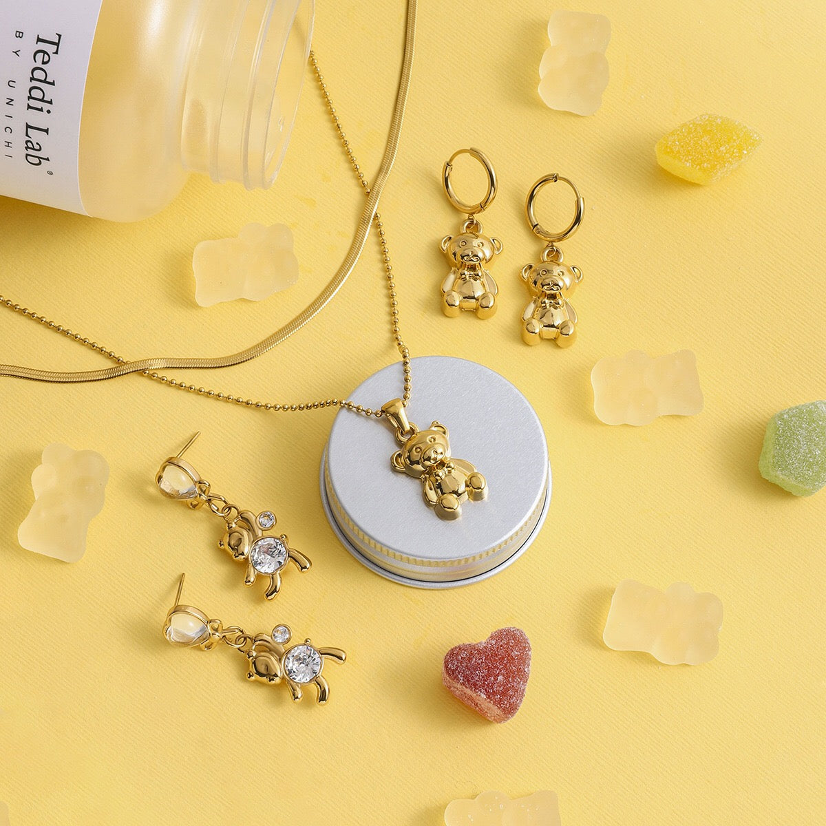 18K Gold Cute Gummy Bear Pendant Herringbone Snake Chain Layered Necklace