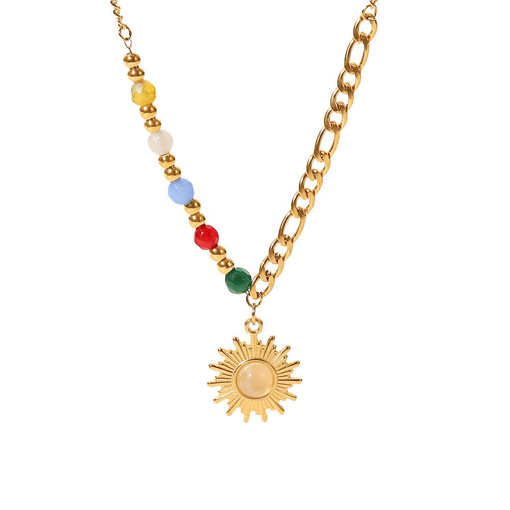 18K Gold Sun Pendant Color Beaded Necklace