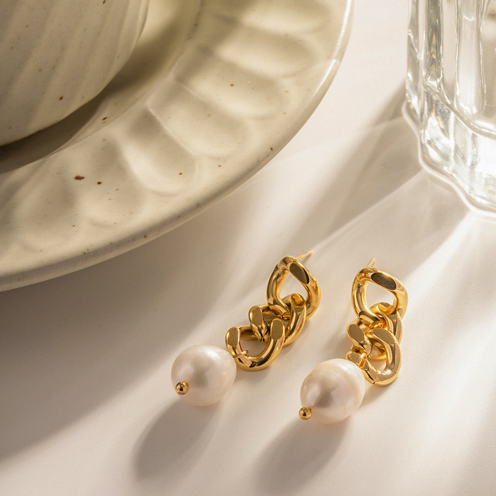 18K Gold Cuban Link Pearl Stud Dangle Earrings