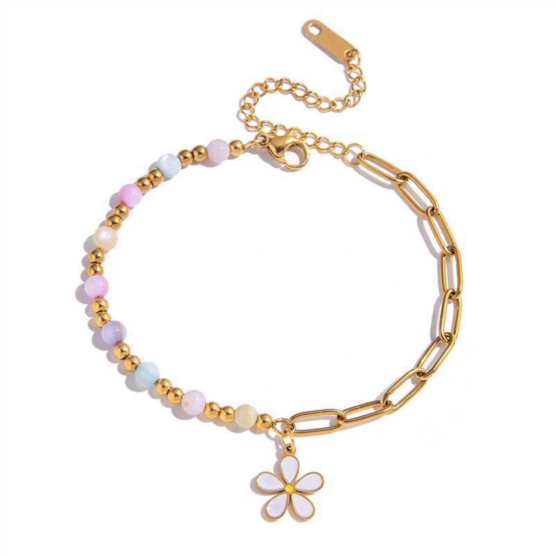 18K Gold Pastel Blue Flower Beaded Chain Bangle Bracelet Stack