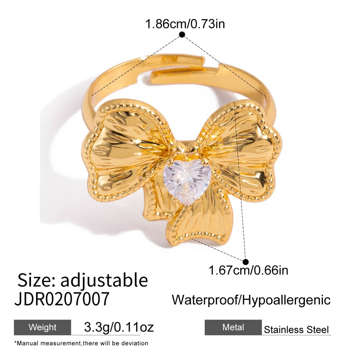 18K Gold Ribboned Elegance Bow Heart Statement Ring