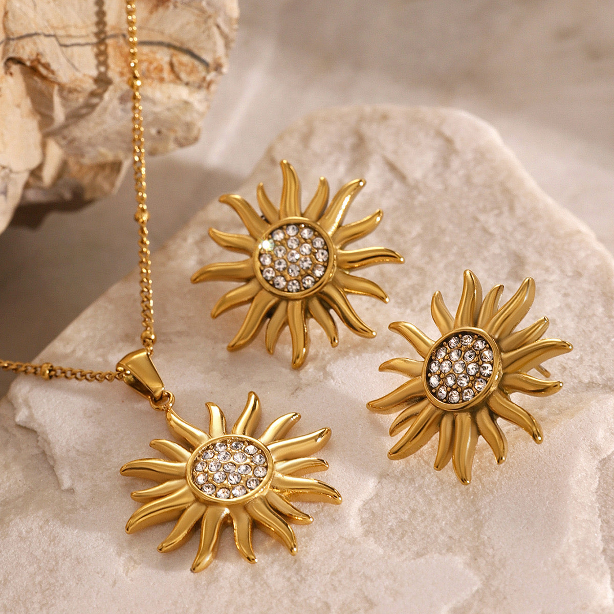 18K Gold Bling Sunflower CZ Statement Stud Earrings