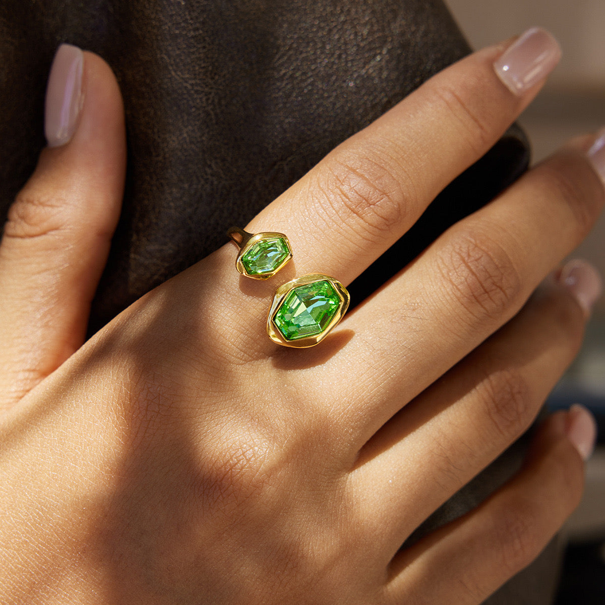 18K Gold Royal Emerald Green Statement Cuff Ring