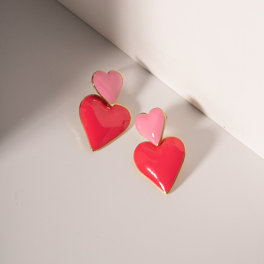 18K Gold Pink Heart Dangle Earrings