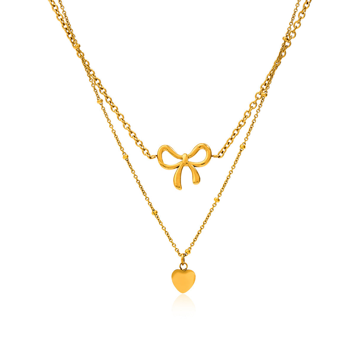 18K Gold Dainty Heart Bow Pendant Double Chain Layered Necklace Set