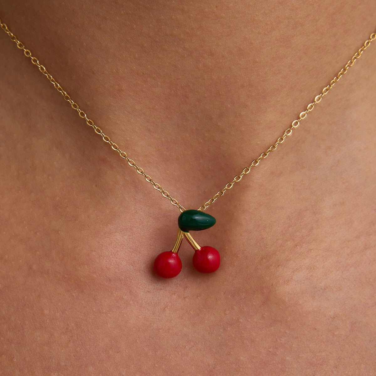 18K Gold Dainty Cherry Pendant Cute Choker Necklace