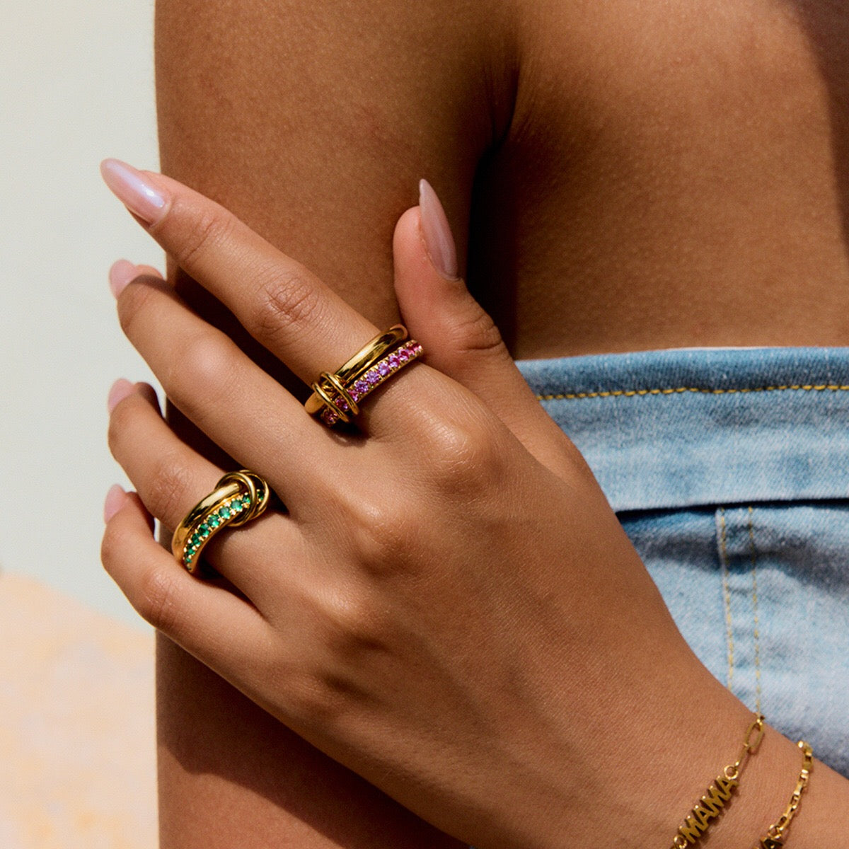 18K Gold Double Link Connected Stacking Pave Ring