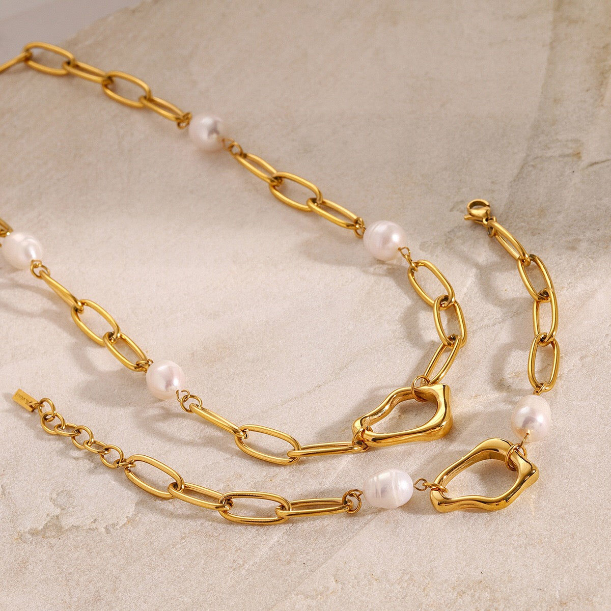 18K Gold Paperclip Chain Pearl Beads Bracelet