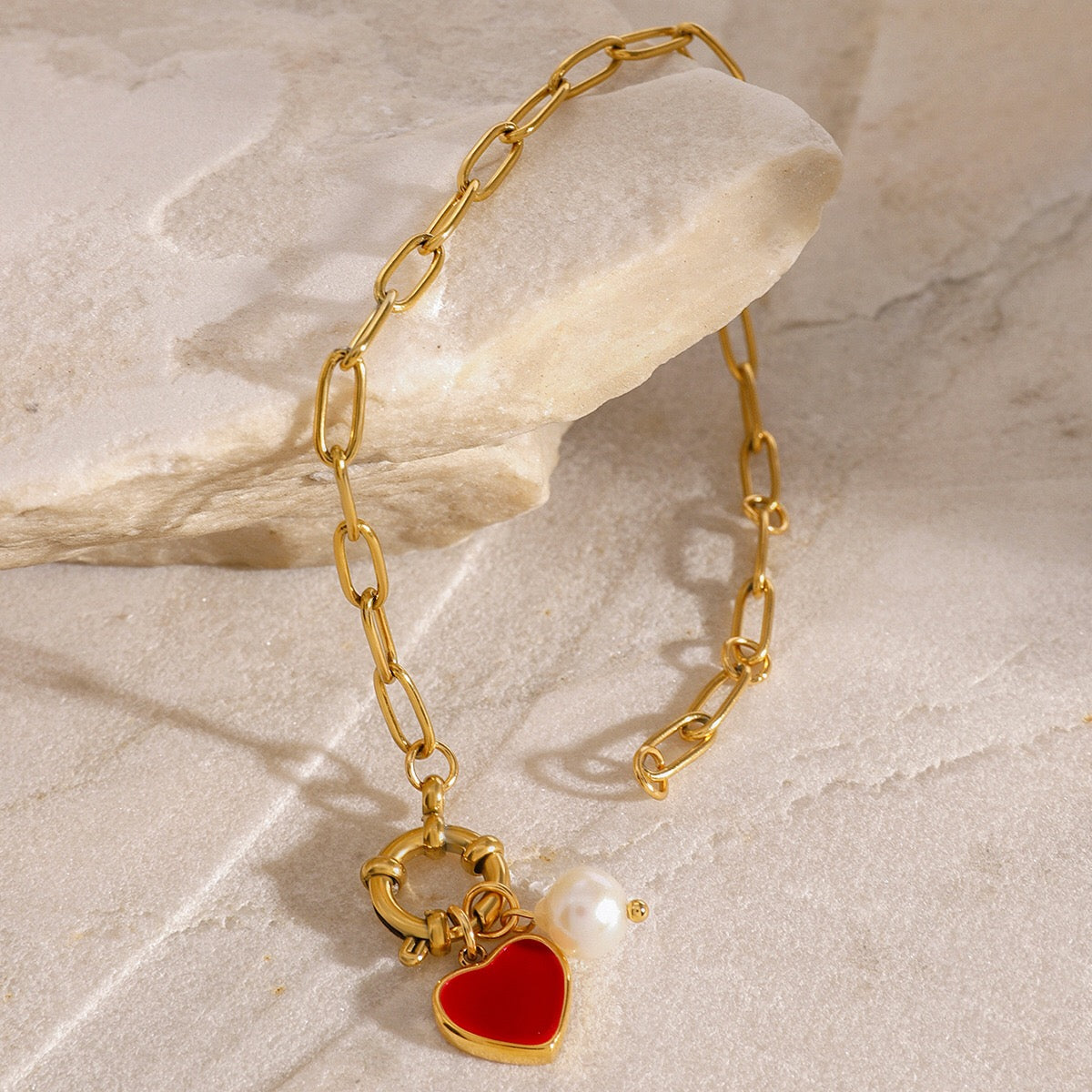 18K Gold Heart Chain Charm Bracelet