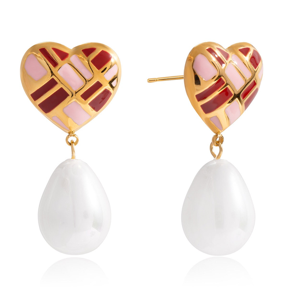 18K Gold Crimson Kiss Heart Stud Dangle Pearl Earrings