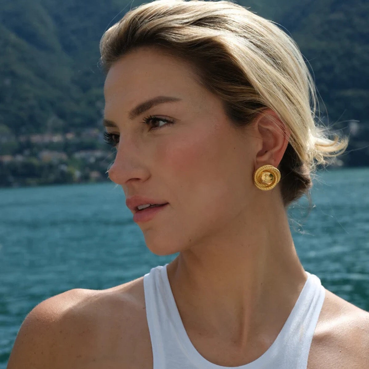 18K Gold Swirl Flower Statement Stud Earrings