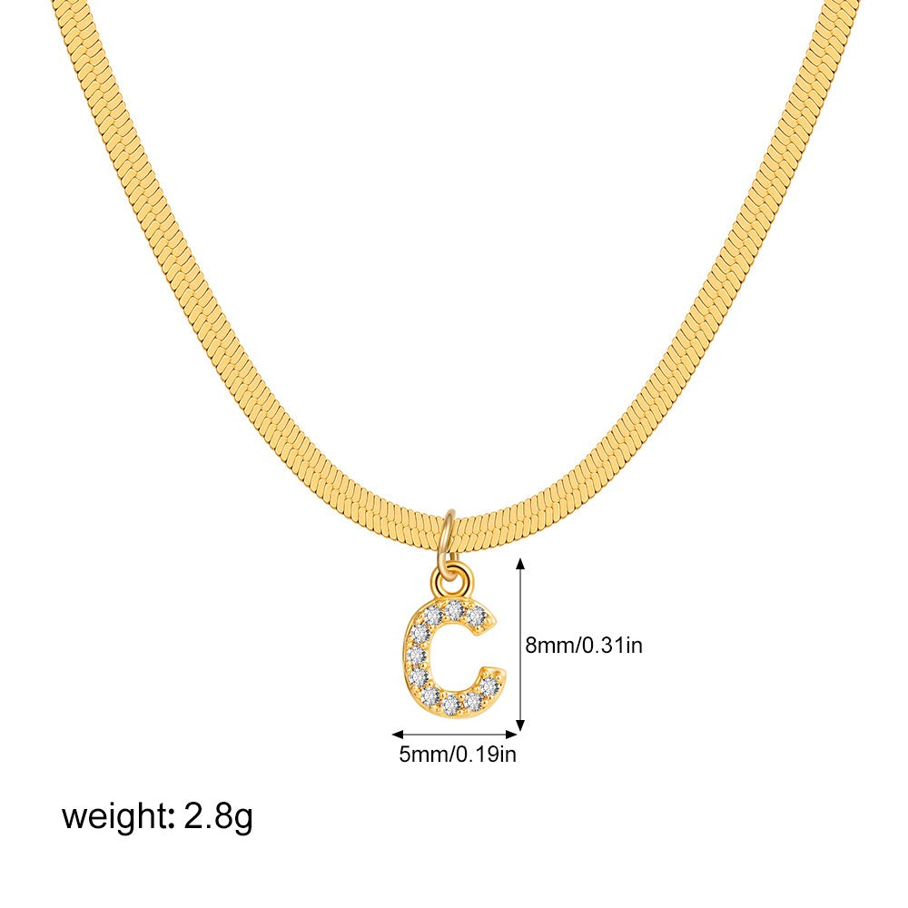 18K Gold Minimalist Glam Herringbone Chain Initial Dainty Necklace
