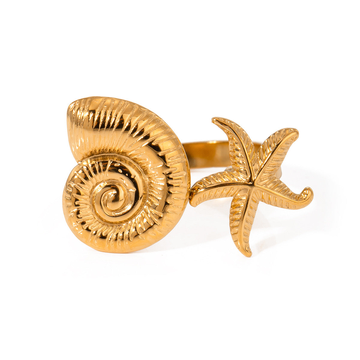18K Gold Beach Day Starfish Conch Ring