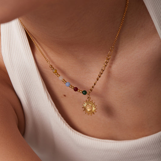 18K Gold Sun Pendant Color Beaded Necklace