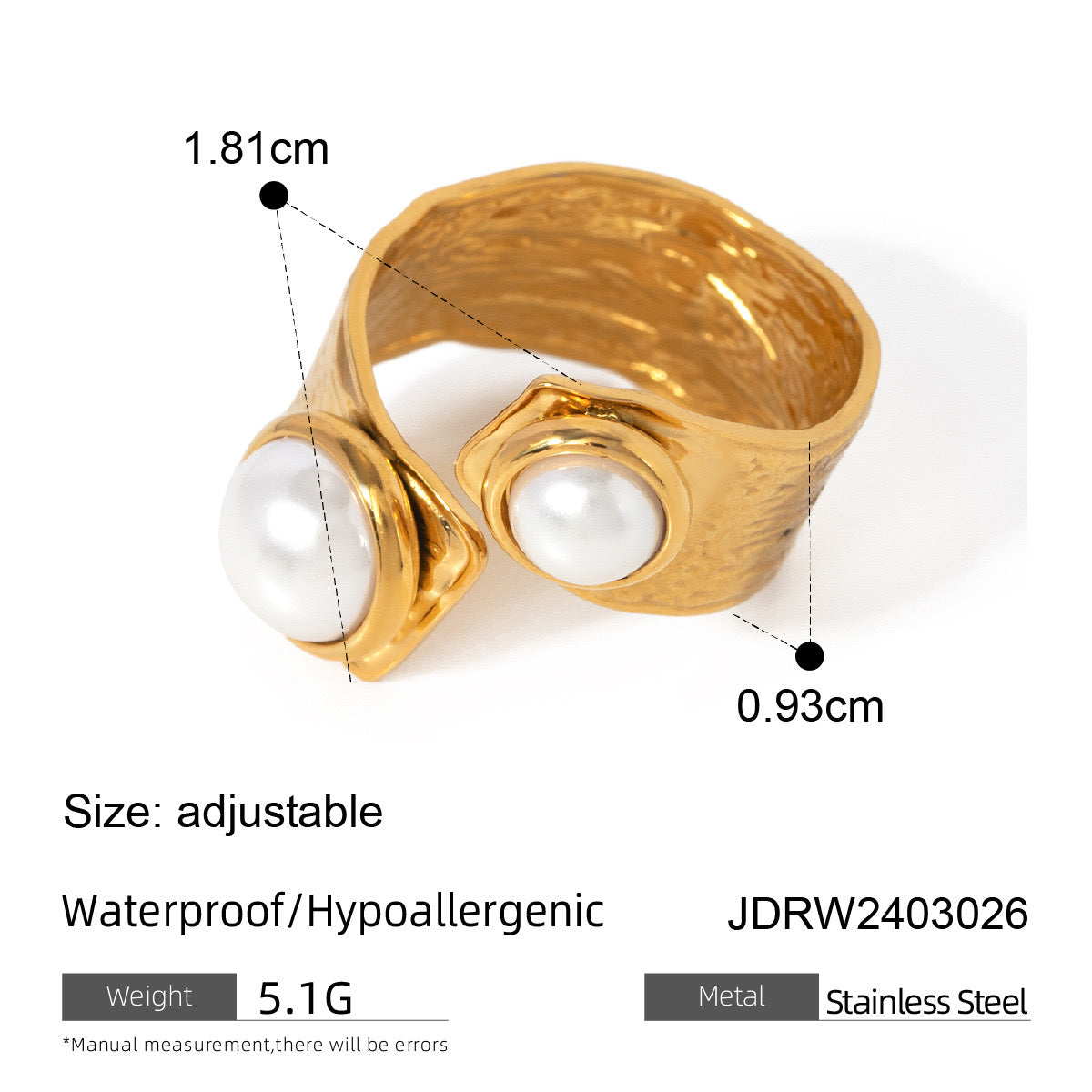 18K Gold Luxury Pearl Statement Cuff Ring