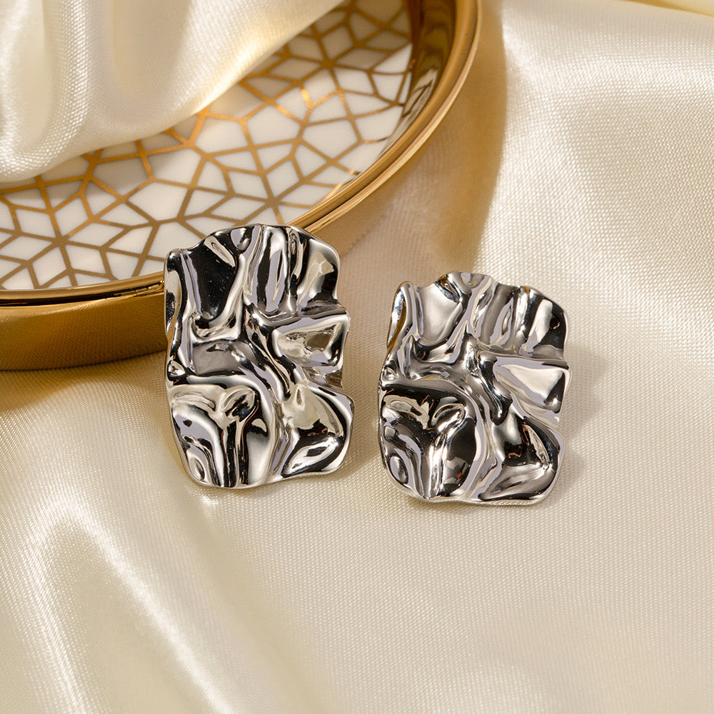 18K Gold Textured Plate Statement Stud Earrings