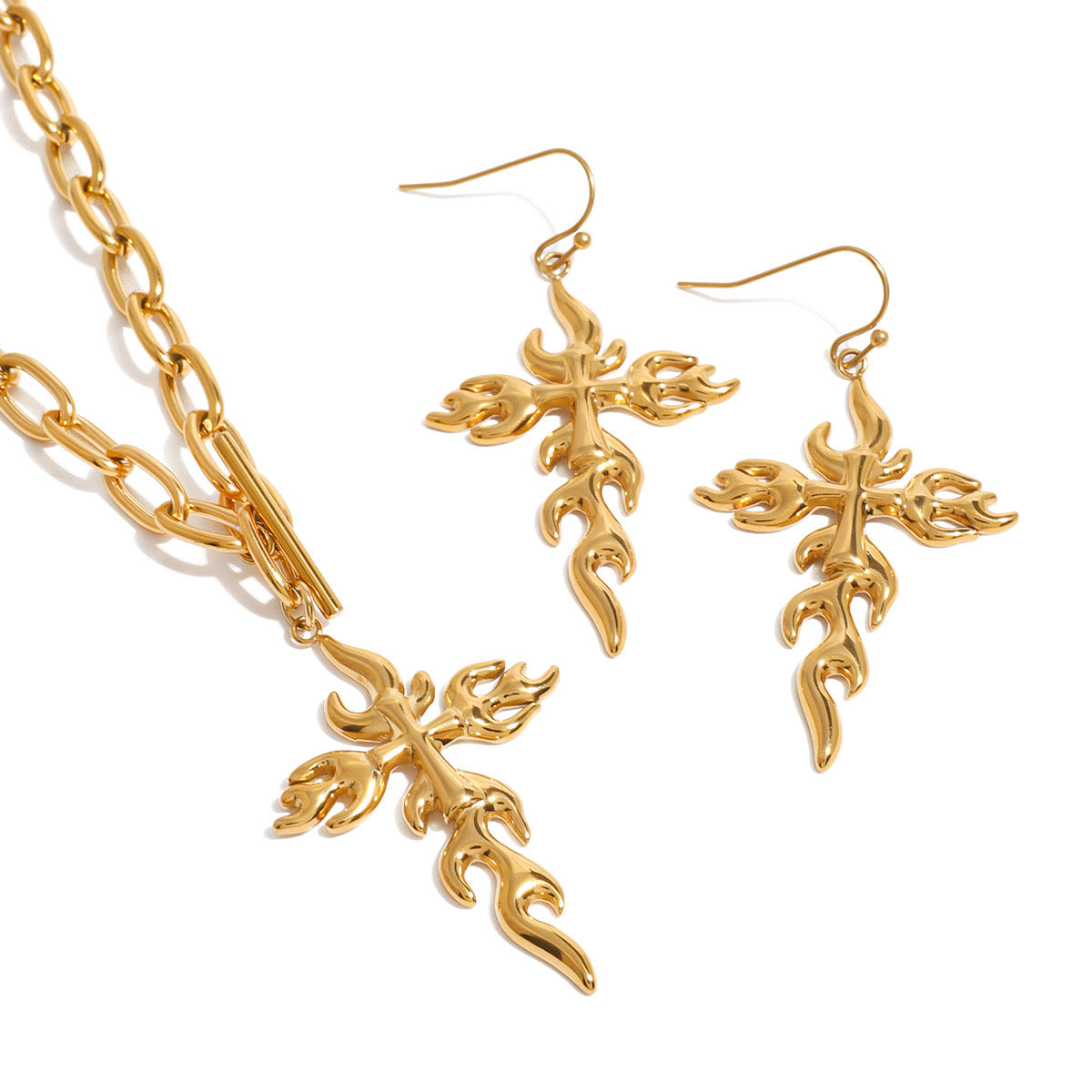 18K Gold Fire Cross Pendant Paperclip Chain Statement Necklace