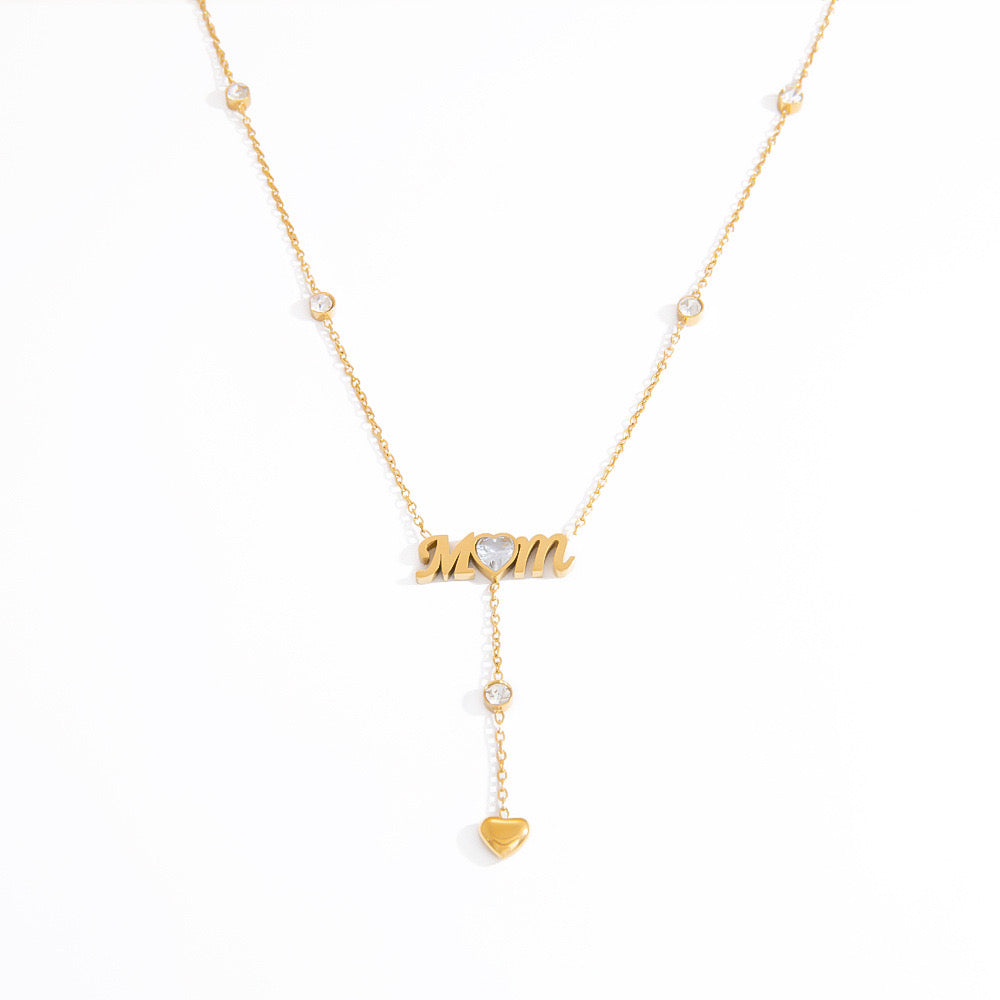 18K Gold Bling Mom CZ Lariat Necklace