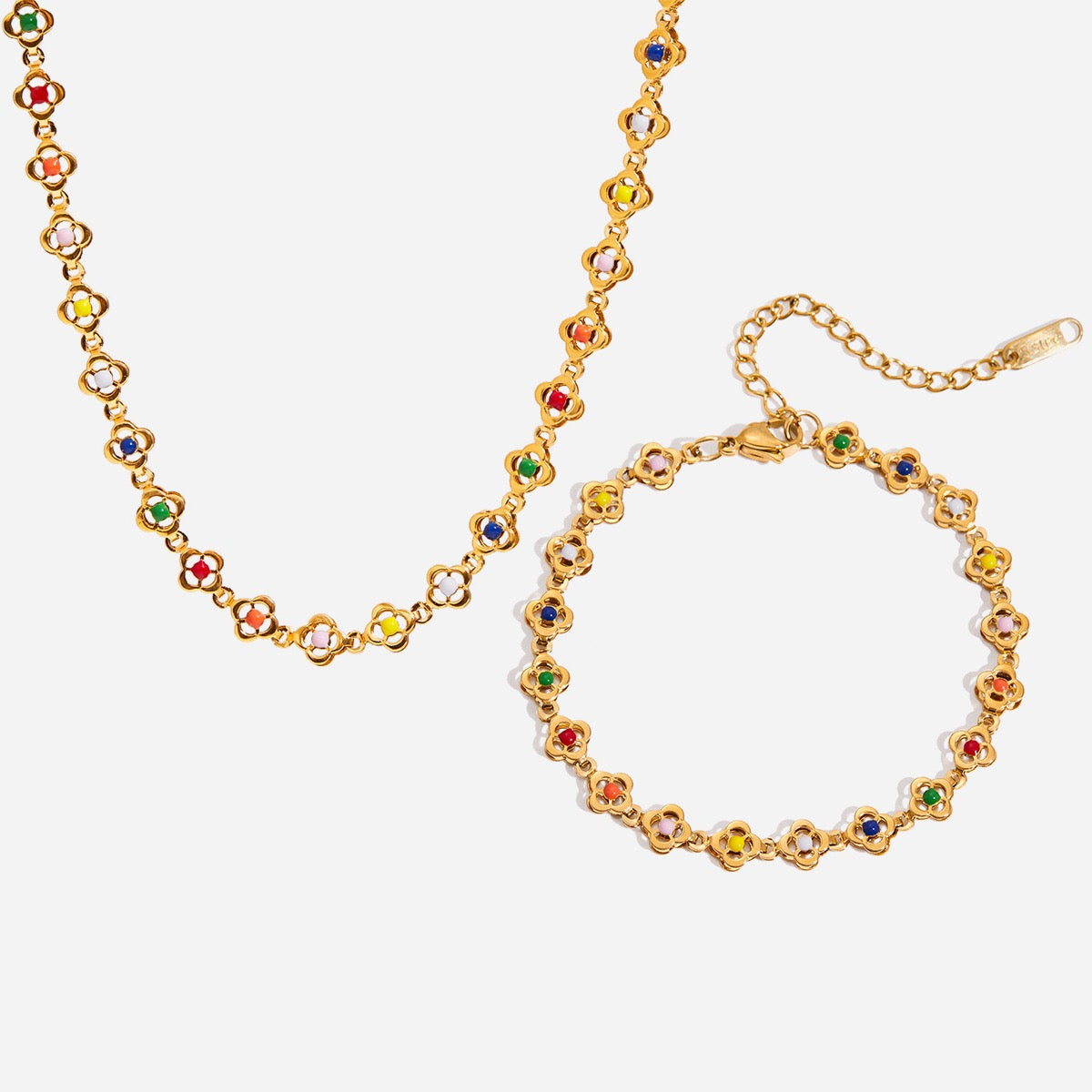18K Gold Confetti Petal Link Flower Chain Necklace Jewelry Set