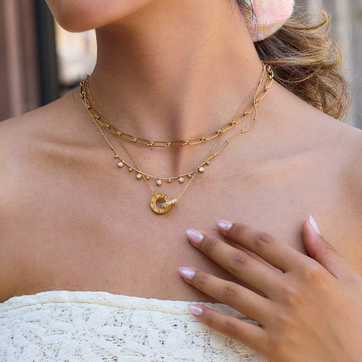 18K Gold Together Two Ring Connected Dainty Pendant Necklace