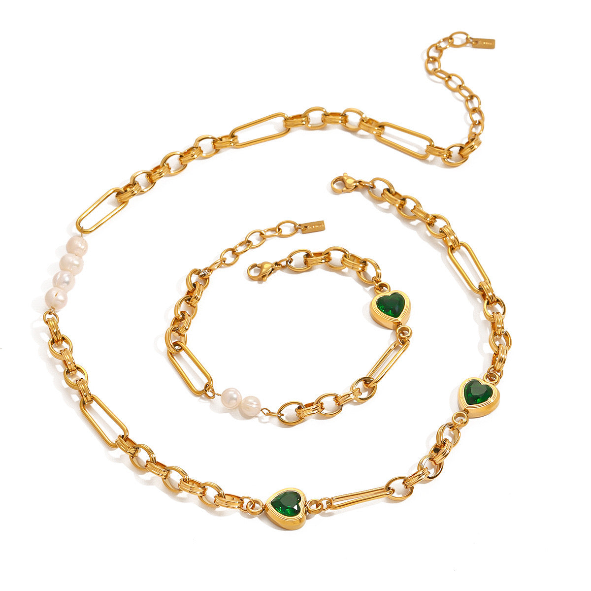 18K Gold Emerald Heart Pearl Beads Chunky Chain Bracelet