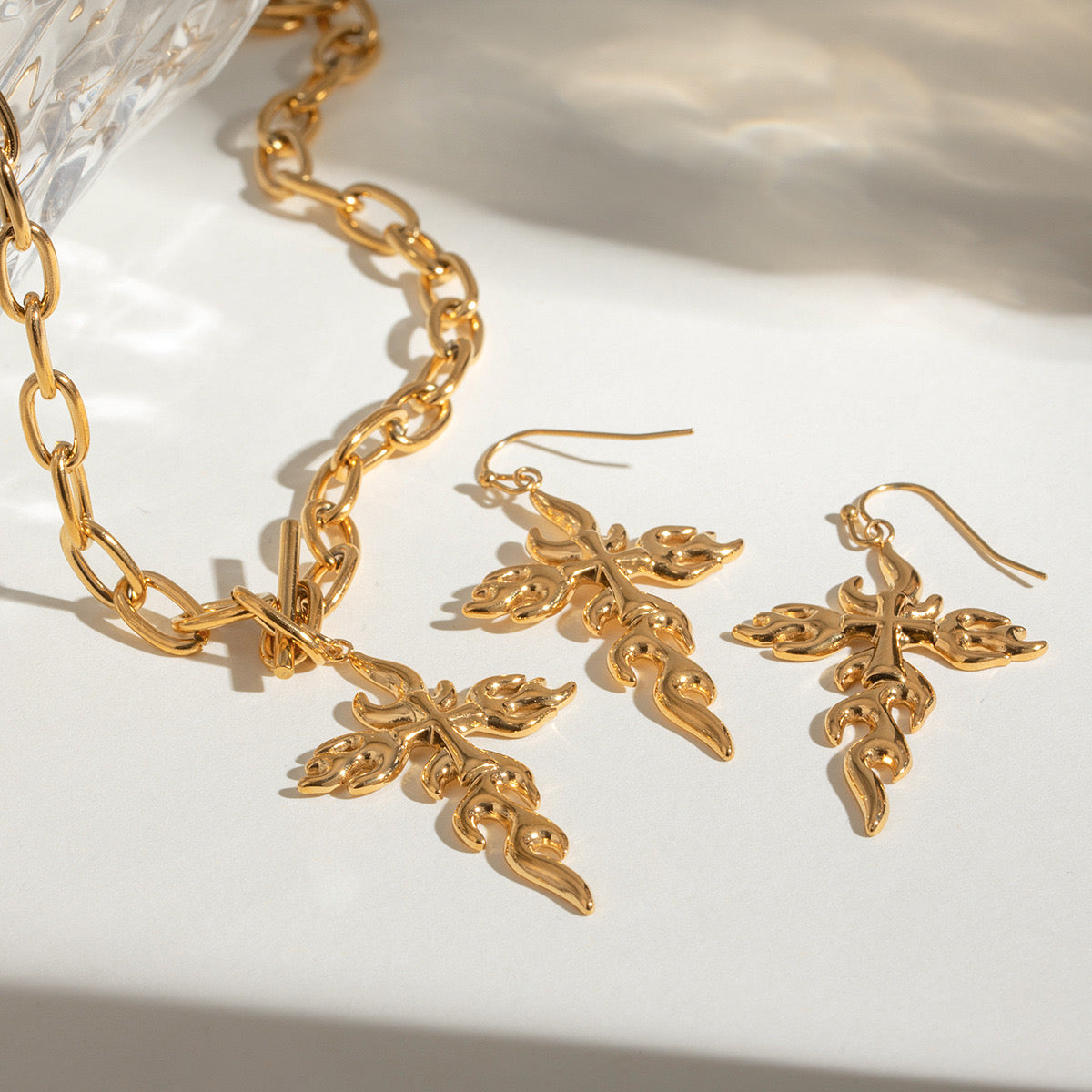 18K Gold Fire Cross Pendant Paperclip Chain Statement Necklace
