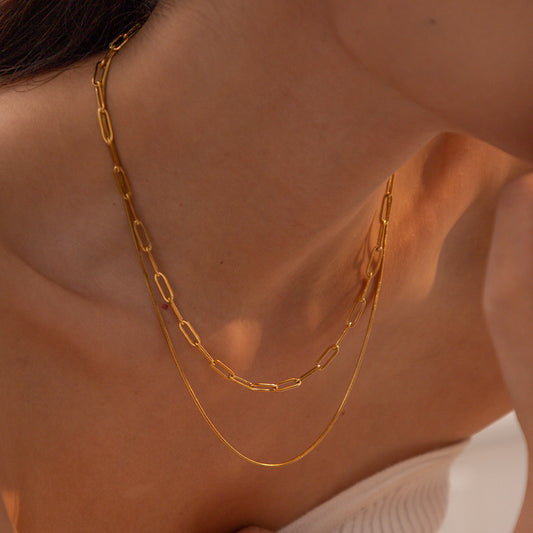 18K Gold Paperclip Chain Dainty Layered Necklace Set