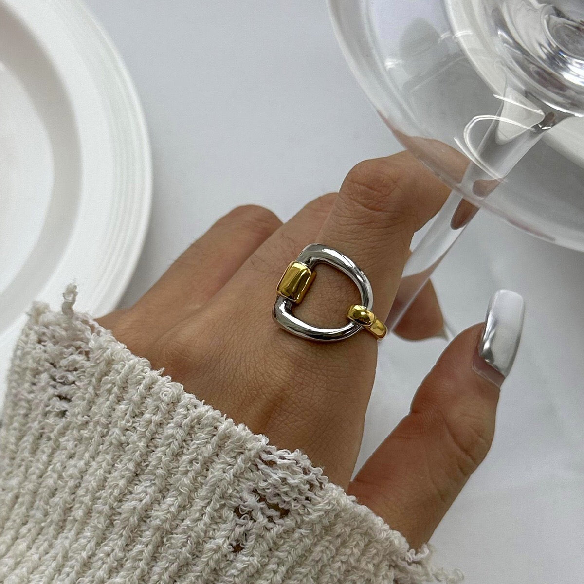 18K Gold and Silver Two Tone Geometric Statement Ring