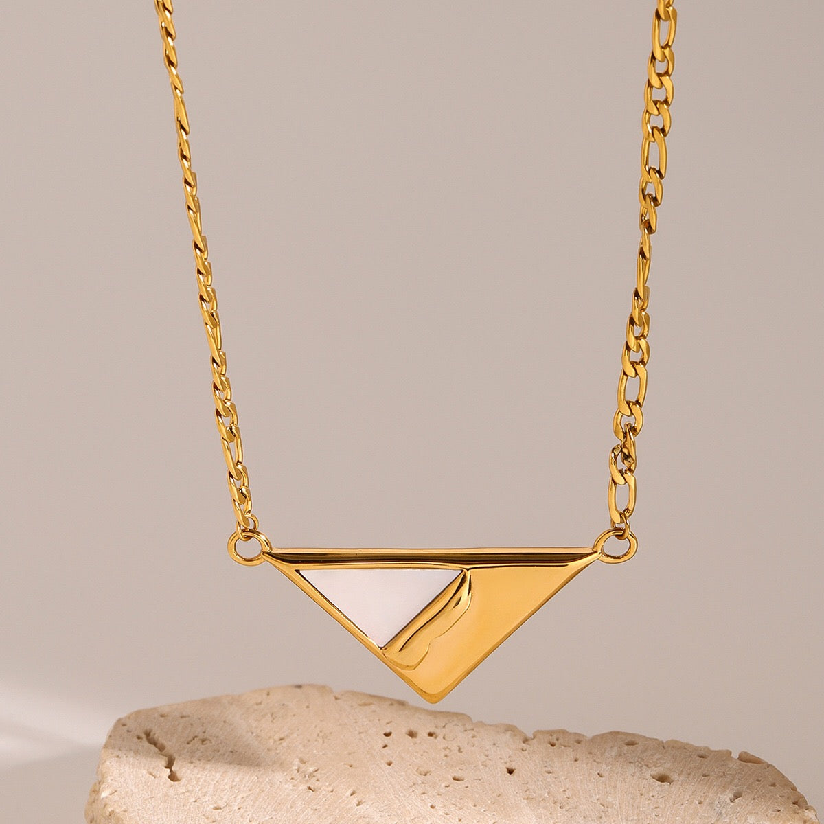 18K Gold Mother of Pearl Triangle Pendant Figaro Chain Necklace