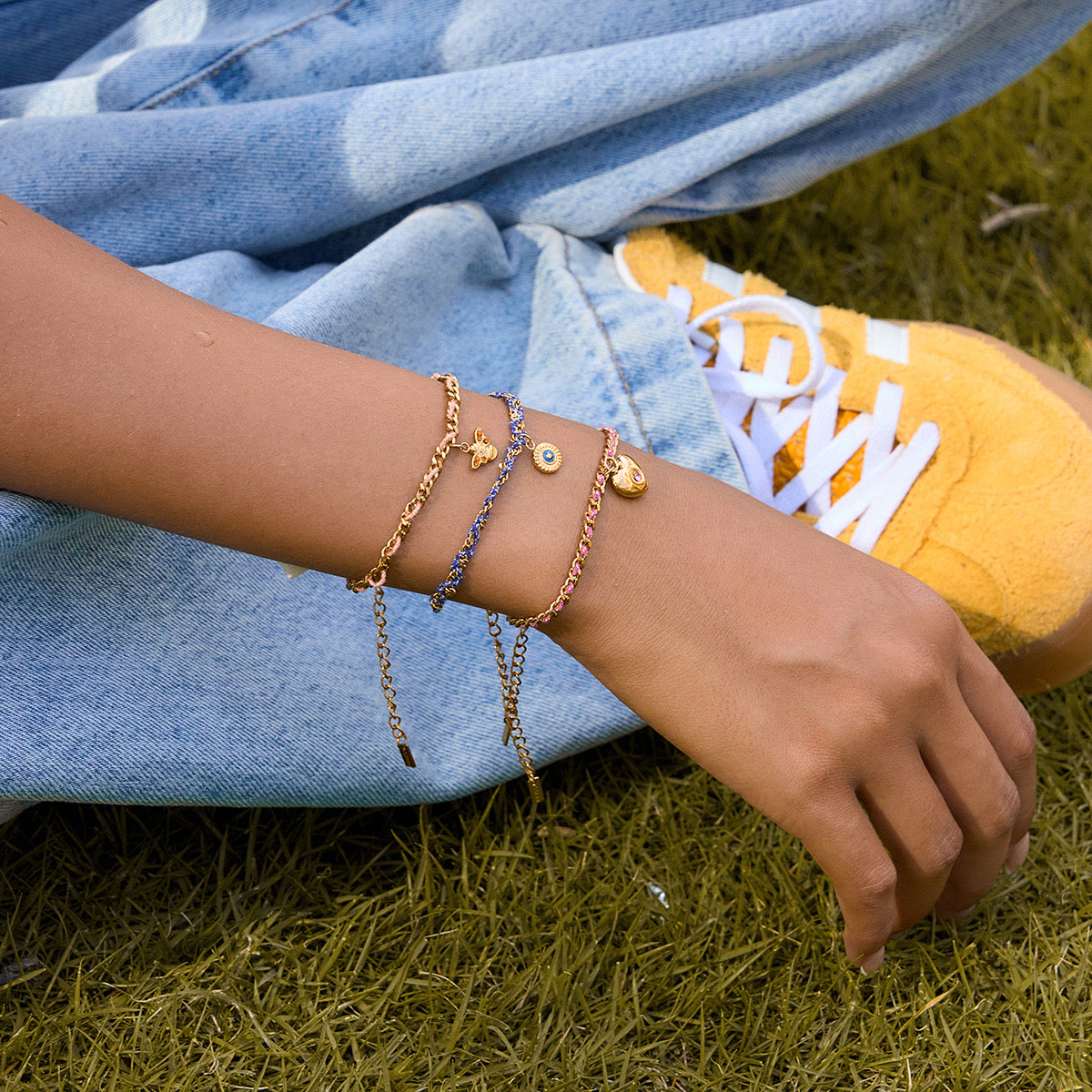 18K Gold Cozy String Chain Dainty Charm Bracelet