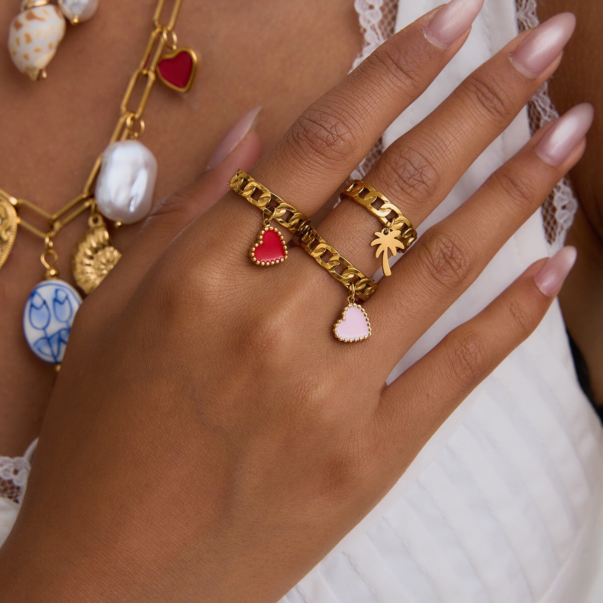 18K Gold Heart Palm Tree Charm Chain Band Ring
