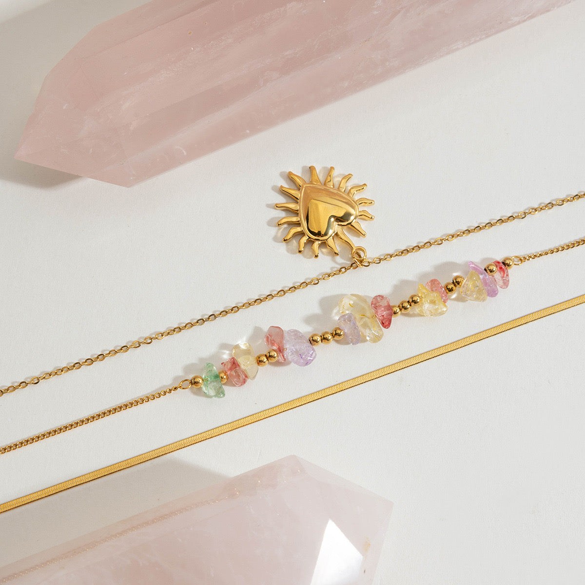 18K Gold Heart Pendant Gemstone Beaded Herringbone Snake Chain Layered Necklace Set