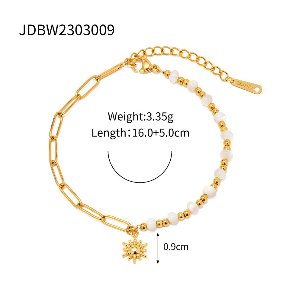 18K Gold Pastel Blue Flower Beaded Chain Bangle Bracelet Stack