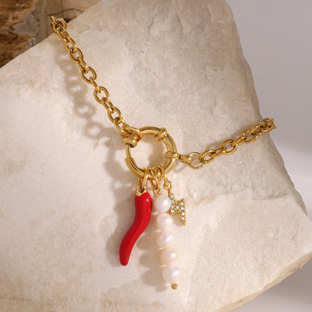 18K Gold Italian Horn Pearl Charm Bracelet