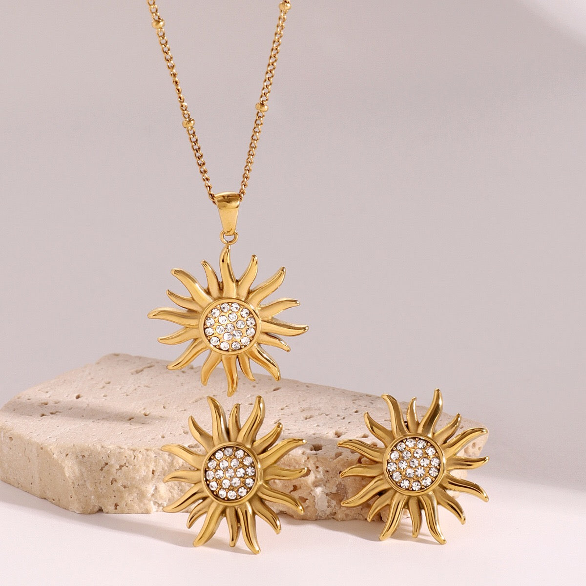 18K Gold Bling Sunflower CZ Statement Stud Earrings
