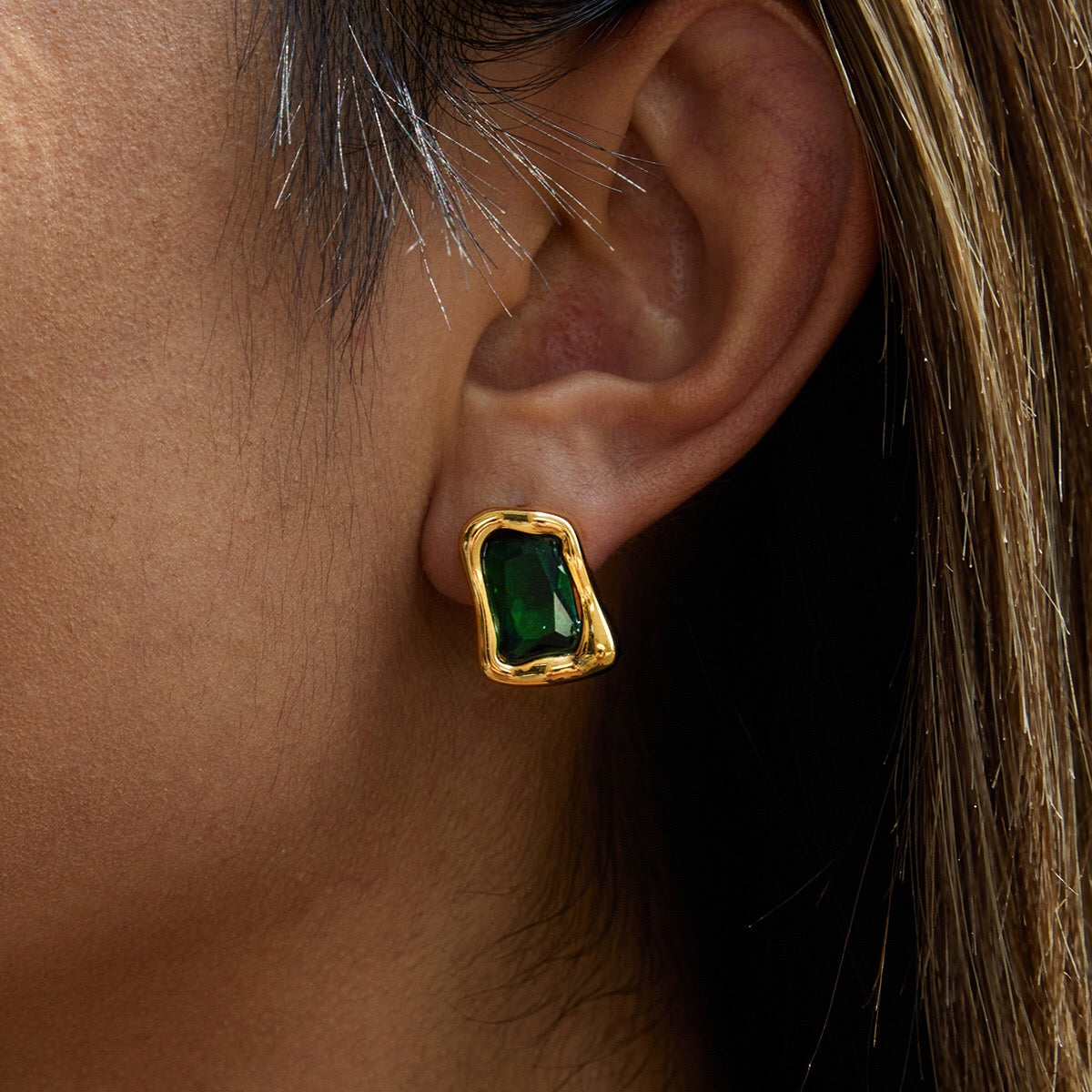 18K Gold Liquid Form Statement CZ Stud Earrings
