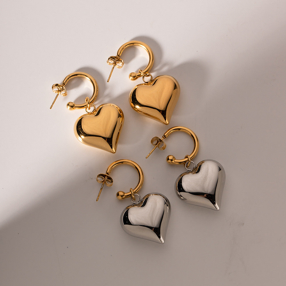 18K Gold Heart Dangle Huggie Earrings with Charm