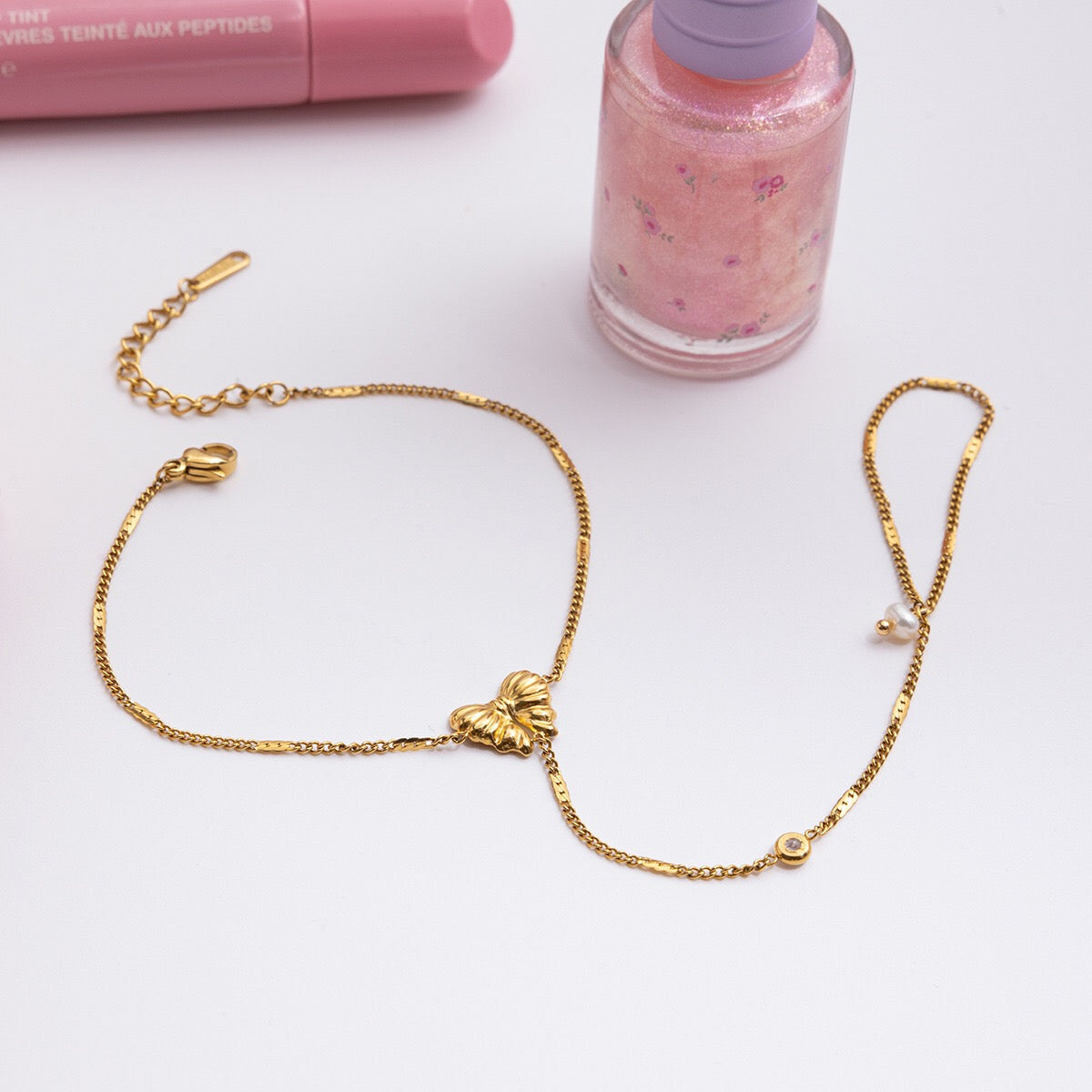 18K Gold Waterproof Dainty Coquette Bow Hand Chain Bracelet