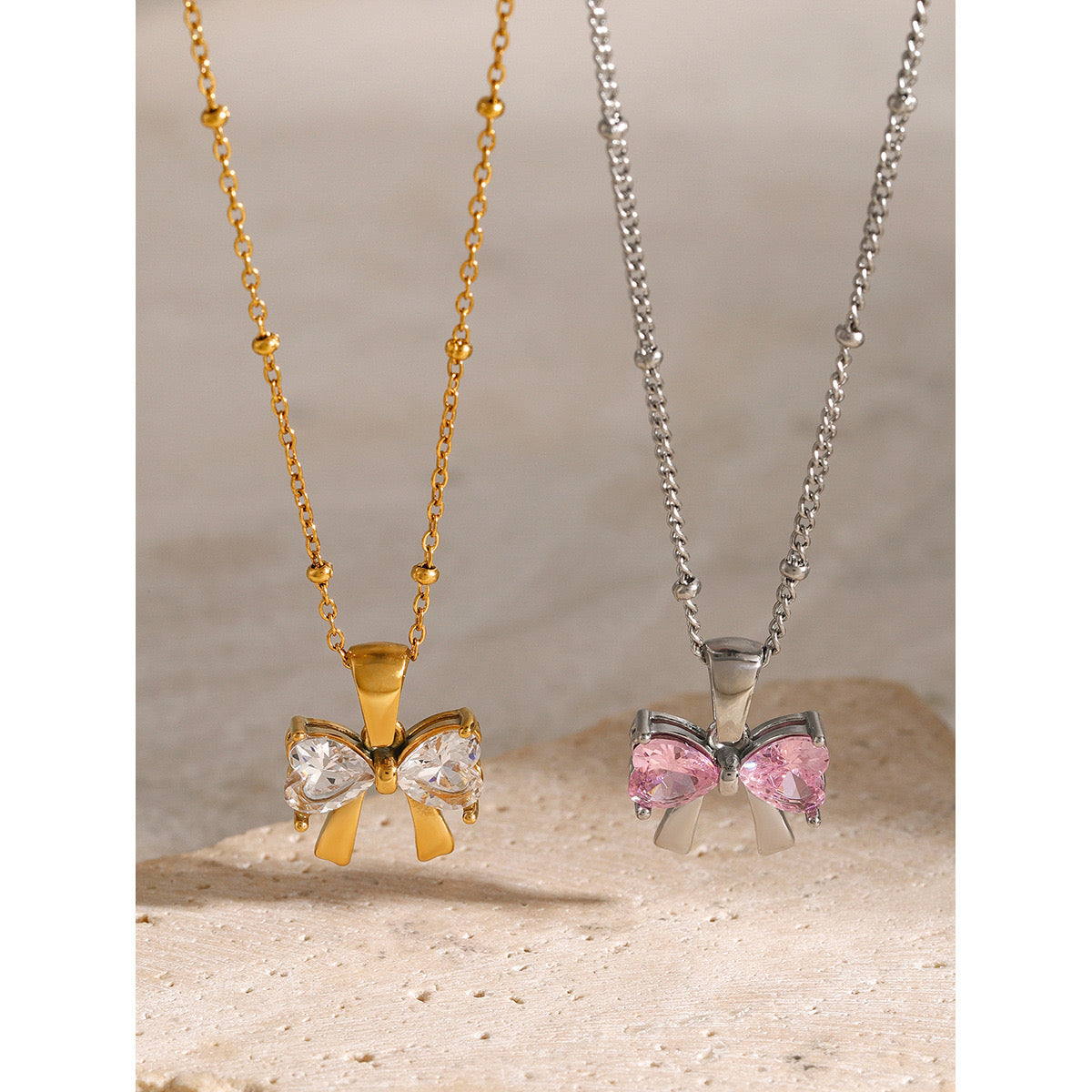 18K Gold Bling Coquette Bow Pendant CZ Necklace