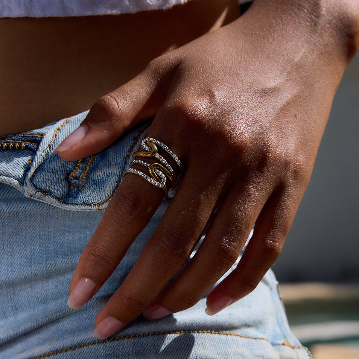18K Gold Bling Connected Paperclip Statement Band Ring