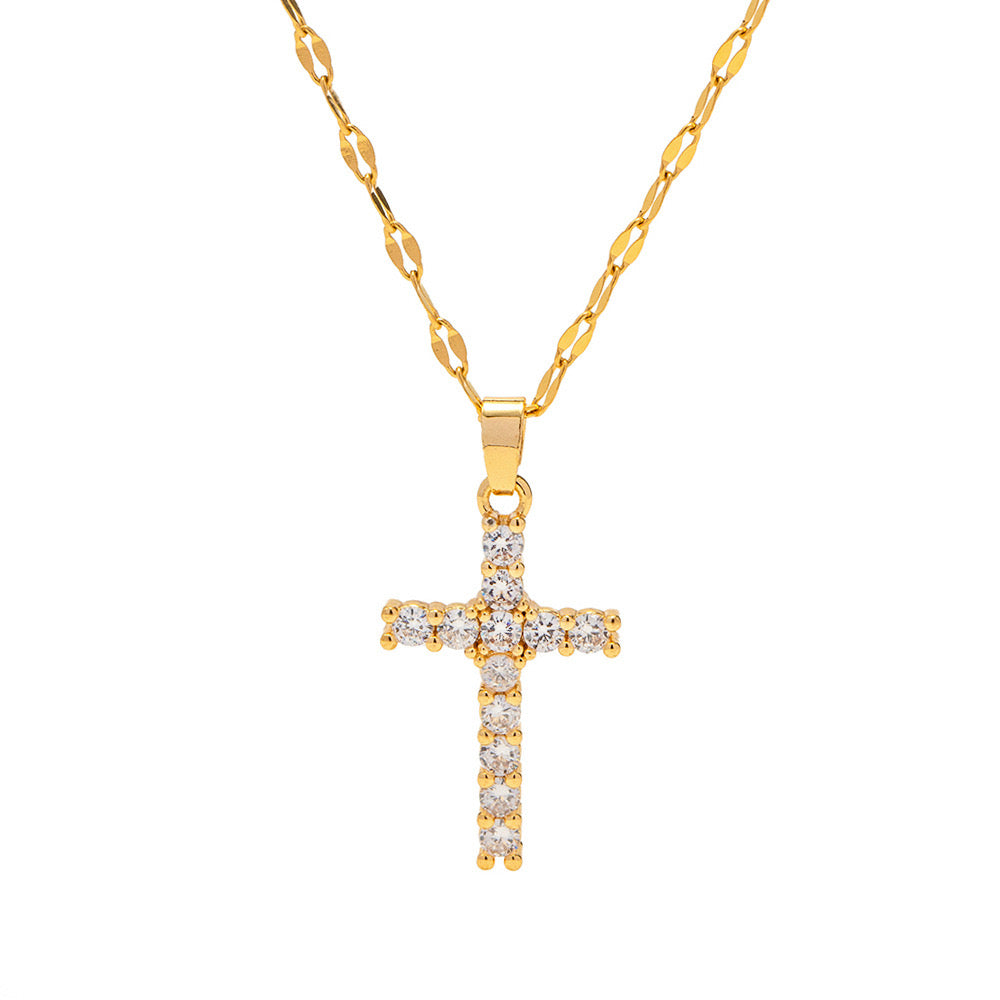 18K Gold Bling Cross CZ Pendant Necklace