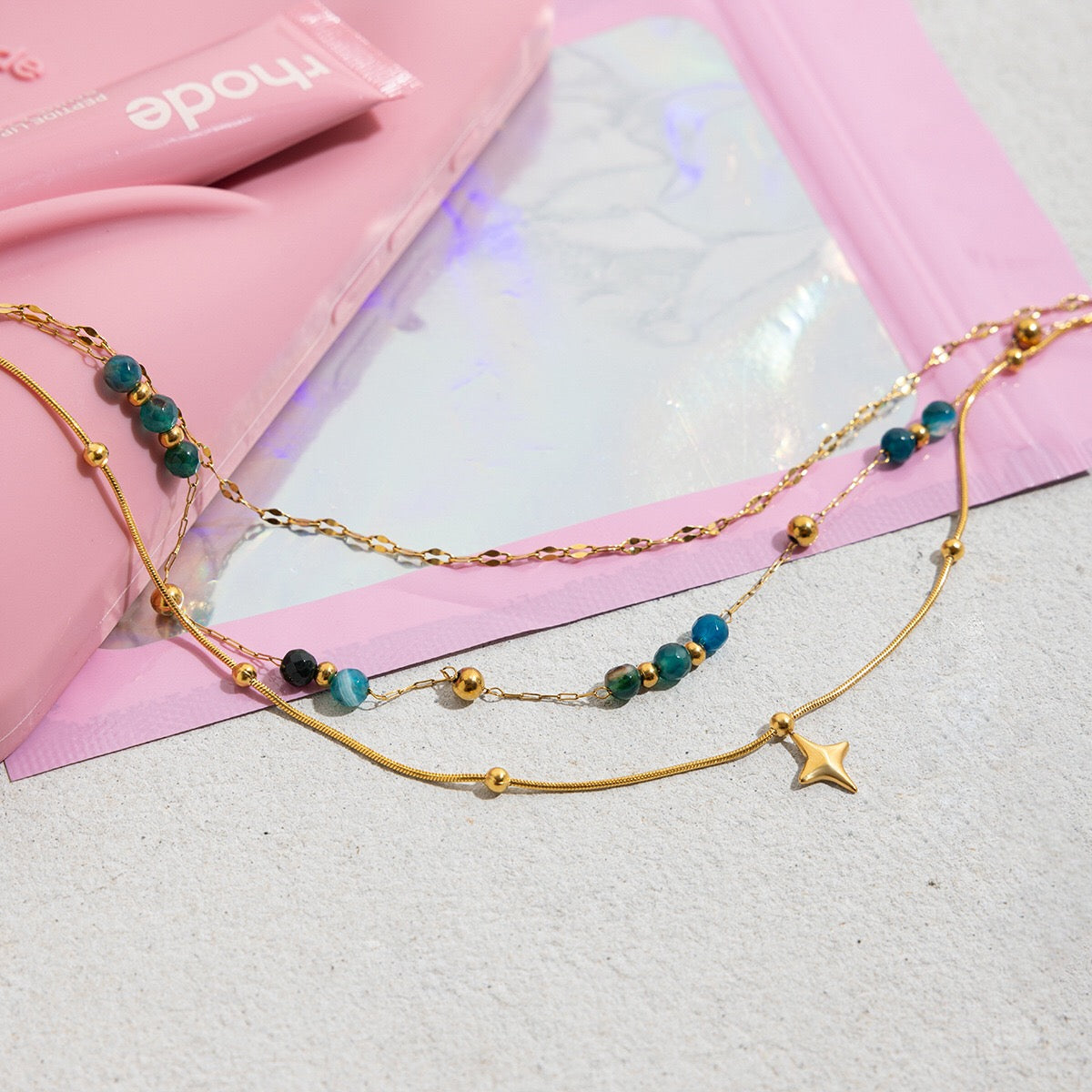 18K Gold Dainty Star Pendant Ocean Blue Beaded Layered Necklace Set